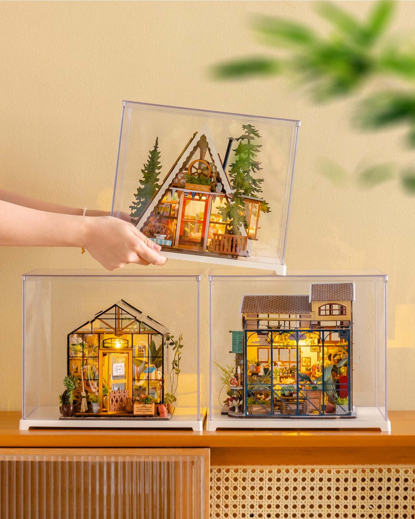 A-Frame Forest Cabin Miniature Wooden Dollhouse DIY Kit with LED Lights for Adults – Model RB-DG181