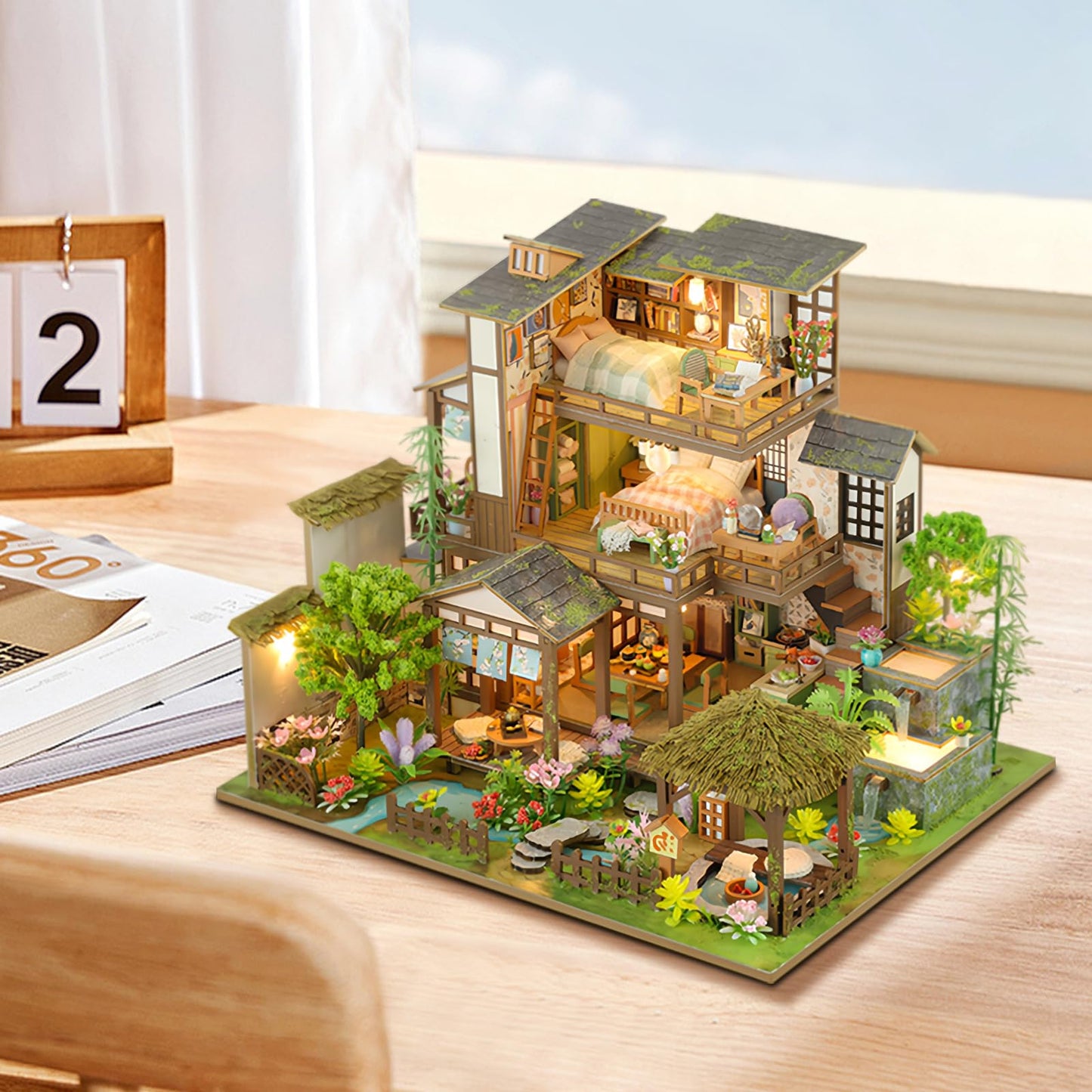 Bamboo Courtyard Miniature Wooden Dollhouse DIY Kit with LED Lights for Adults – Model WC-PH-1569