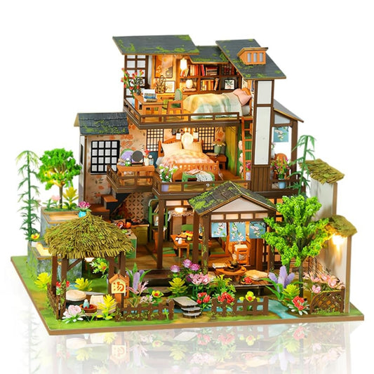 Bamboo Courtyard Miniature Wooden Dollhouse DIY Kit with LED Lights for Adults – Model WC-PH-1569