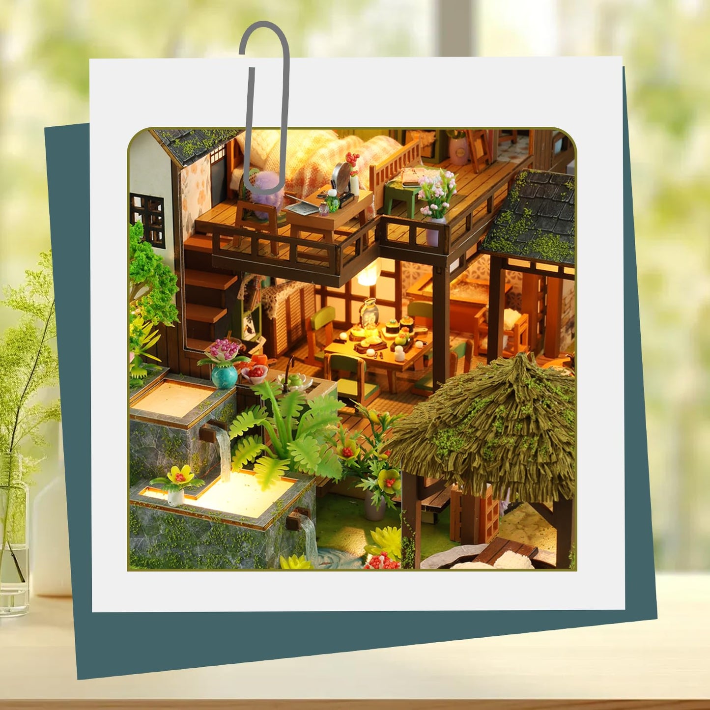 Bamboo Courtyard Miniature Wooden Dollhouse DIY Kit with LED Lights for Adults – Model WC-PH-1569