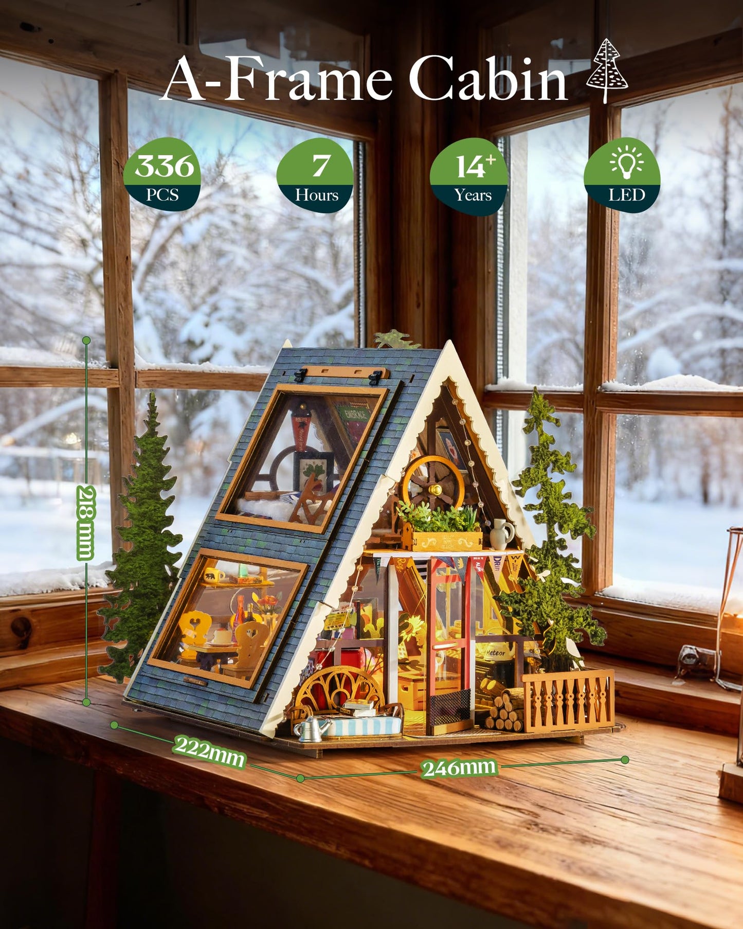 A-Frame Forest Cabin Miniature Wooden Dollhouse DIY Kit with LED Lights for Adults – Model RB-DG181