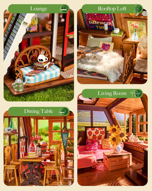 A-Frame Forest Cabin Miniature Wooden Dollhouse DIY Kit with LED Lights for Adults – Model RB-DG181