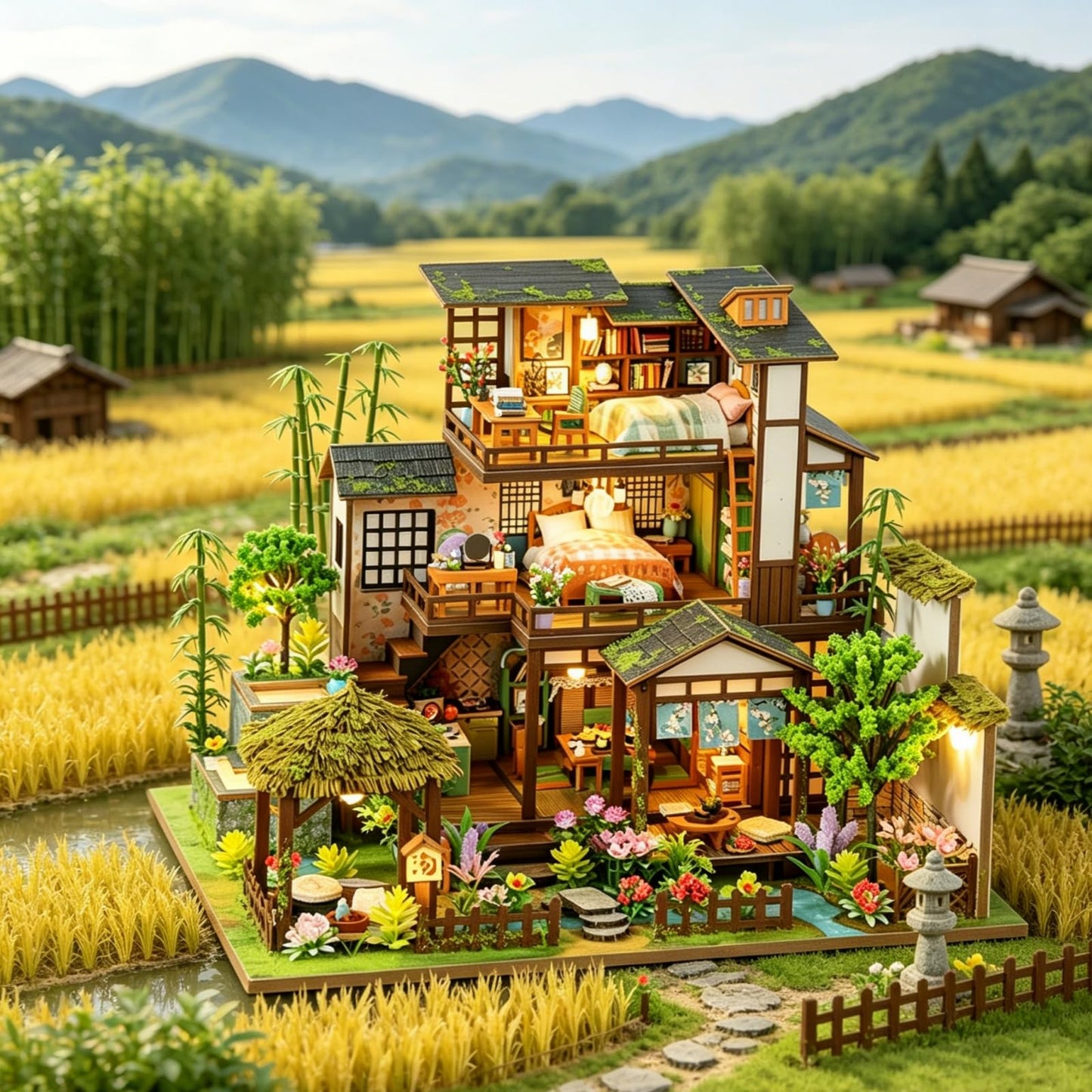 Bamboo Courtyard Miniature Wooden Dollhouse DIY Kit with LED Lights for Adults – Model WC-PH-1569