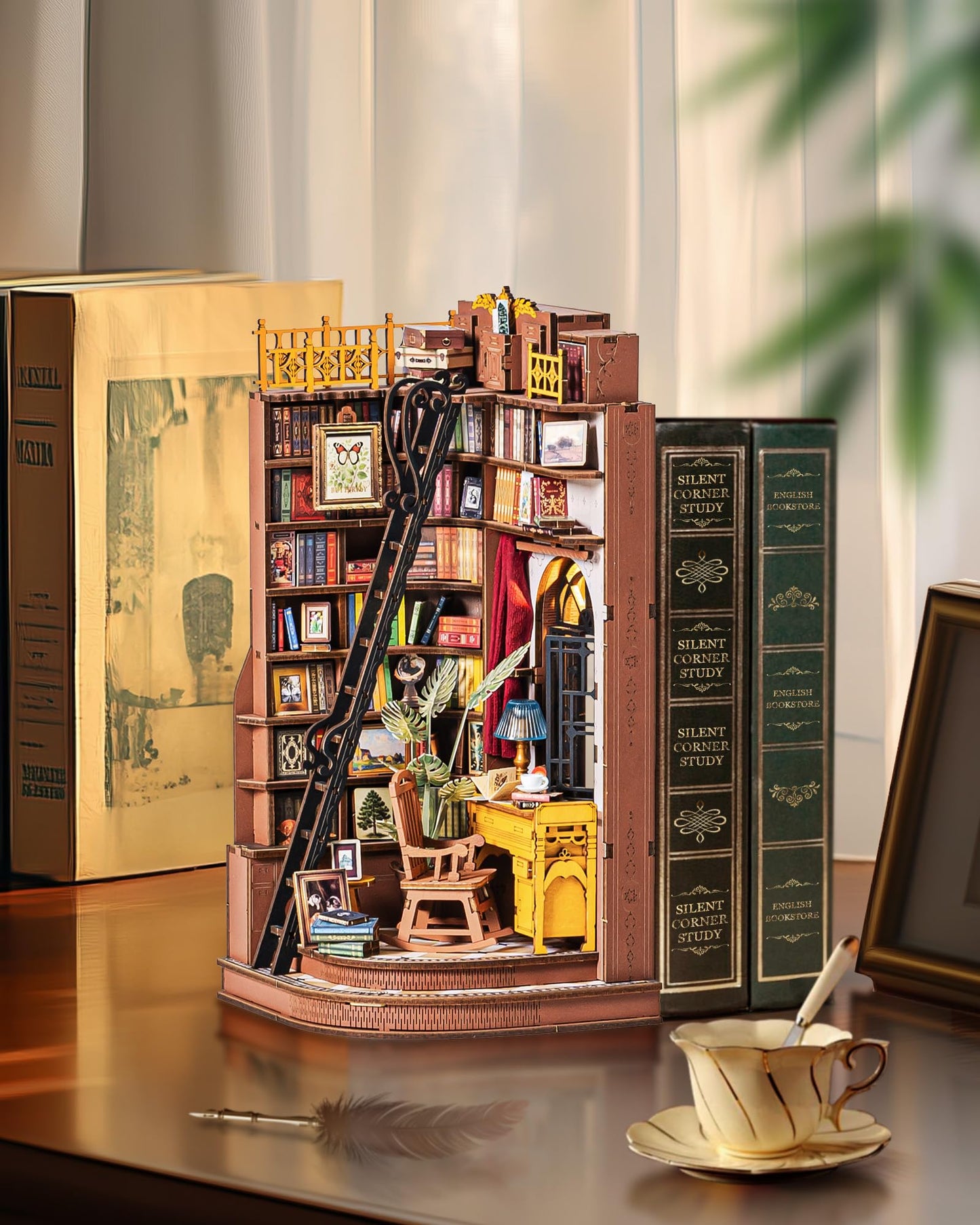 Silent Corner Study Book Nook DIY Wooden Miniature Kit with LED Lights – Model TGE02