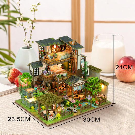 Bamboo Courtyard Miniature Wooden Dollhouse DIY Kit with LED Lights for Adults – Model WC-PH-1569