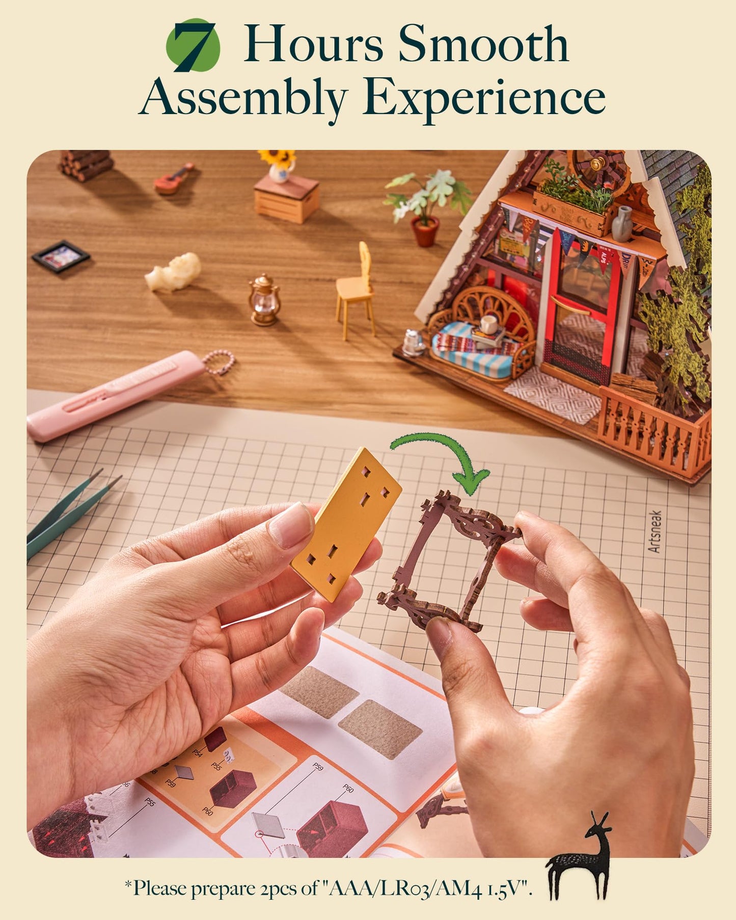 A-Frame Forest Cabin Miniature Wooden Dollhouse DIY Kit with LED Lights for Adults – Model RB-DG181