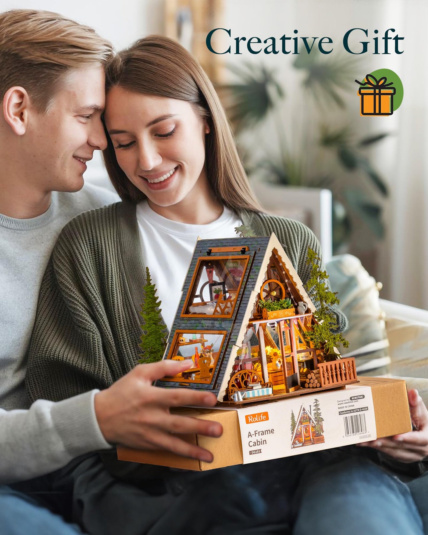 A-Frame Forest Cabin Miniature Wooden Dollhouse DIY Kit with LED Lights for Adults – Model RB-DG181