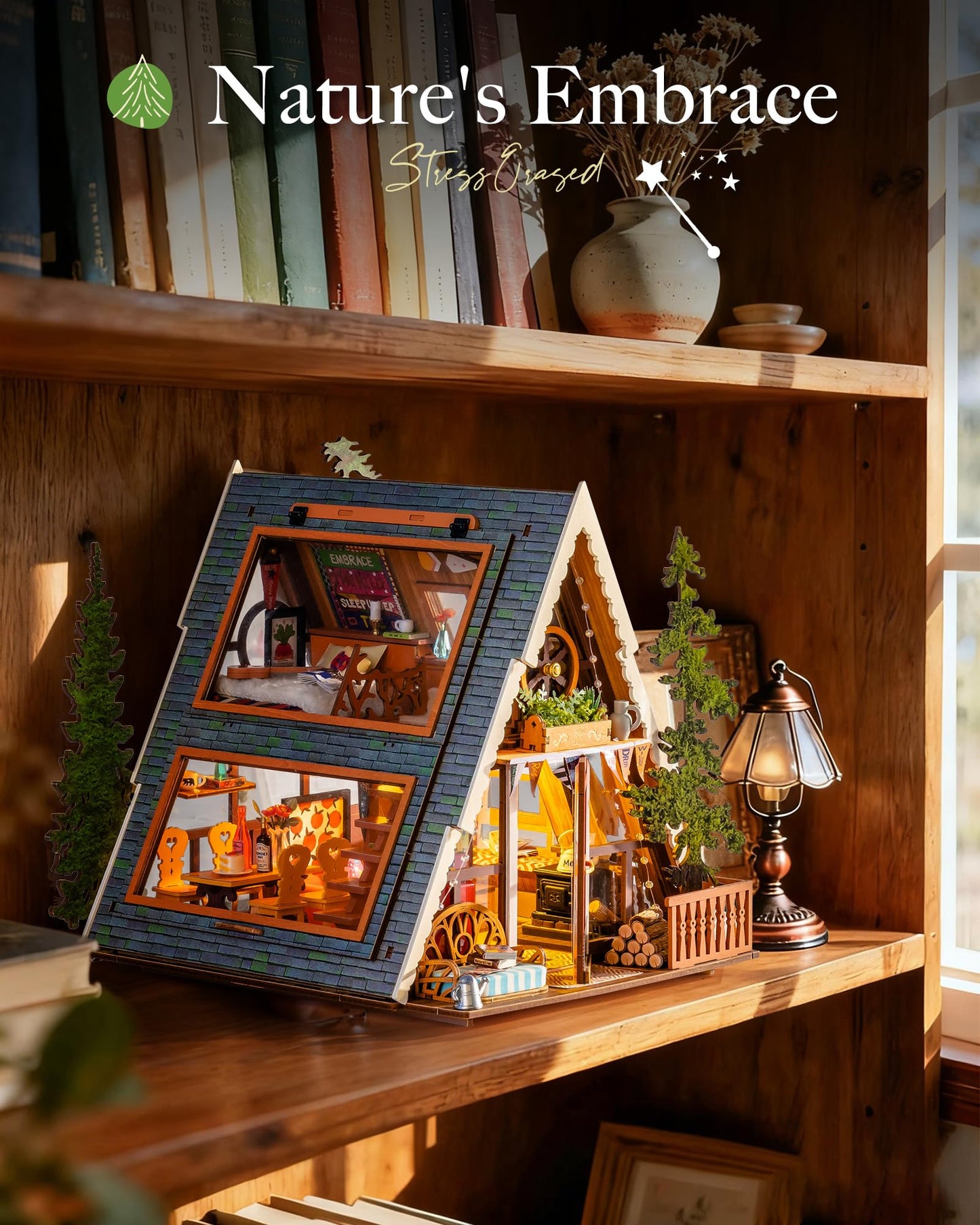 A-Frame Forest Cabin Miniature Wooden Dollhouse DIY Kit with LED Lights for Adults – Model RB-DG181
