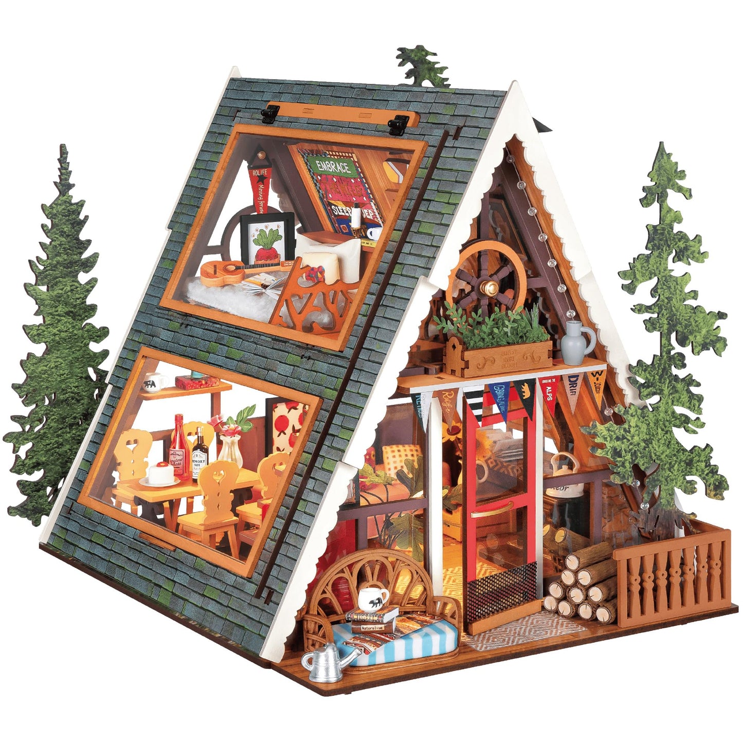 A-Frame Forest Cabin Miniature Wooden Dollhouse DIY Kit with LED Lights for Adults – Model RB-DG181