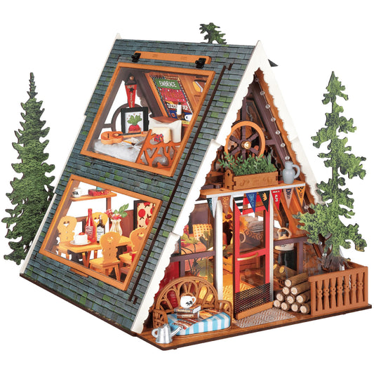 A-Frame Forest Cabin Miniature Wooden Dollhouse DIY Kit with LED Lights for Adults – Model RB-DG181